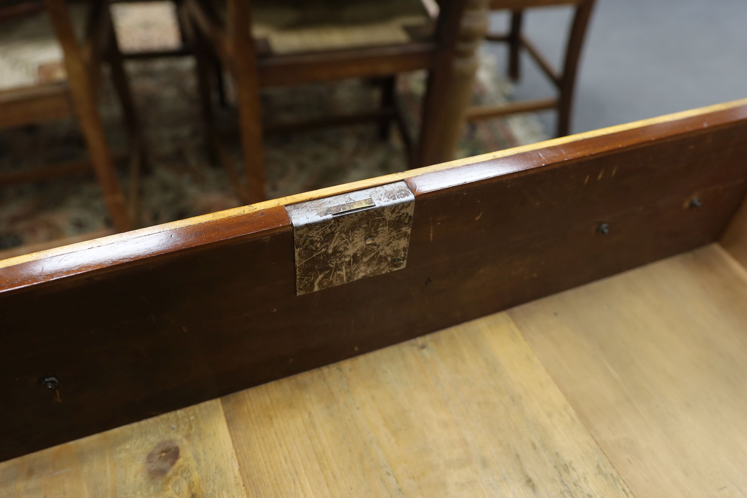 A pair of George IV style inlaid mahogany three drawer chests, width 79cm, depth 46cm, height 78cm